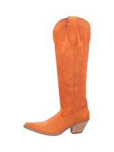 Orange Faux Suede Lightning Embroidered Snip Wide Mid Calf Cowgirl Boots